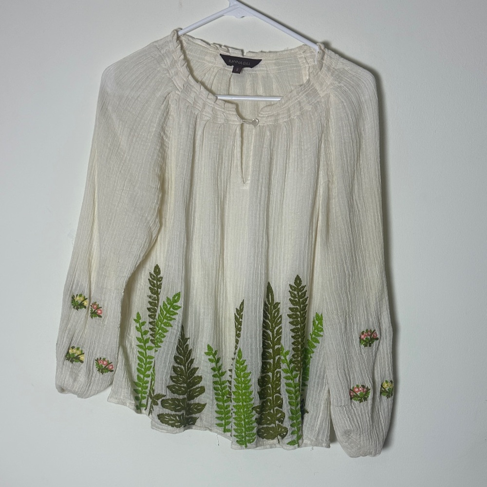 Ranna Gill Cream Blouse with Green Floral Embroidery Anthropologie